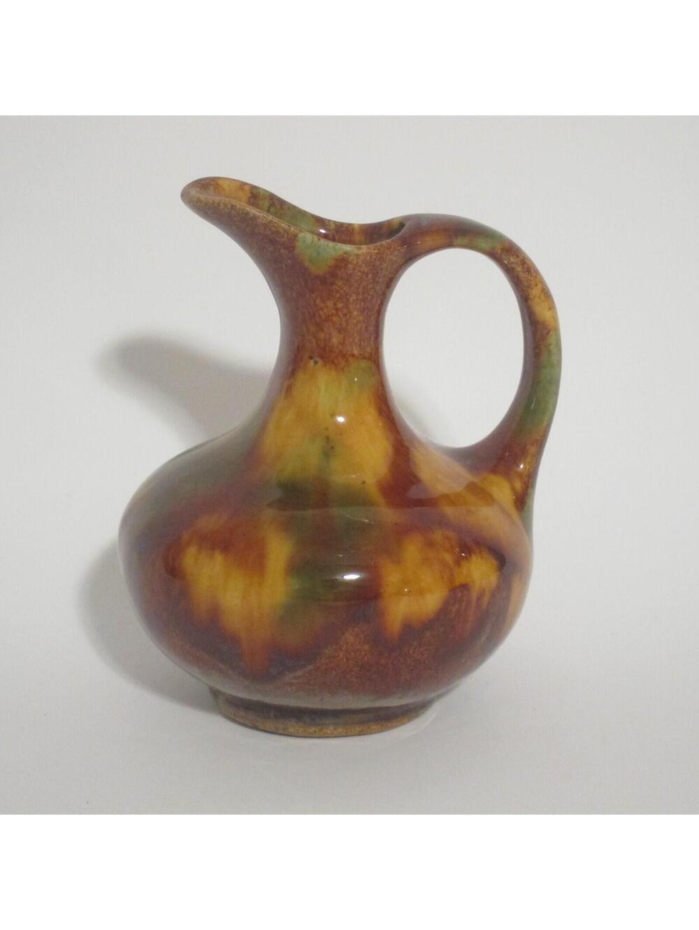 Antique Pottery Pitcher Vase 4.5" Tall Mottled Brown Glaze Green Rockingham Ohio